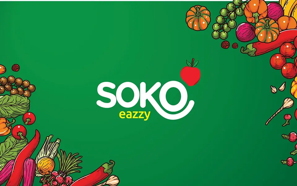Soko Eazzy logo framed by illustrated vegetables